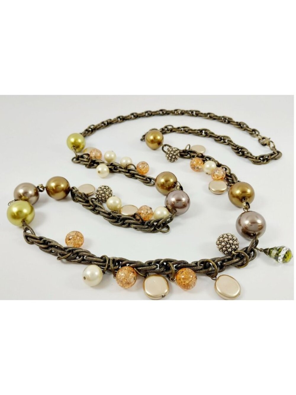 Vintage St John Antique-Gold Link 48" Necklace | Faux Pearls, Crystals Signed